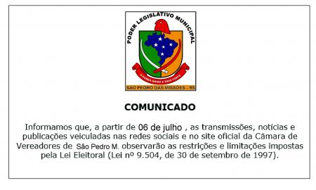 PUBLICAÇÕES DA CÂMARA DE VEREADORES NAS REDES SOCIAIS SERÃO SUSPENSAS ATÉ O FIM DO PERÍODO ELEITORAL PUBLICAÇÕES DA CÂMARA DE VEREADORES NAS REDES SOCIAIS SERÃO SUSPENSAS ATÉ O FIM DO PERÍODO ELEITORAL